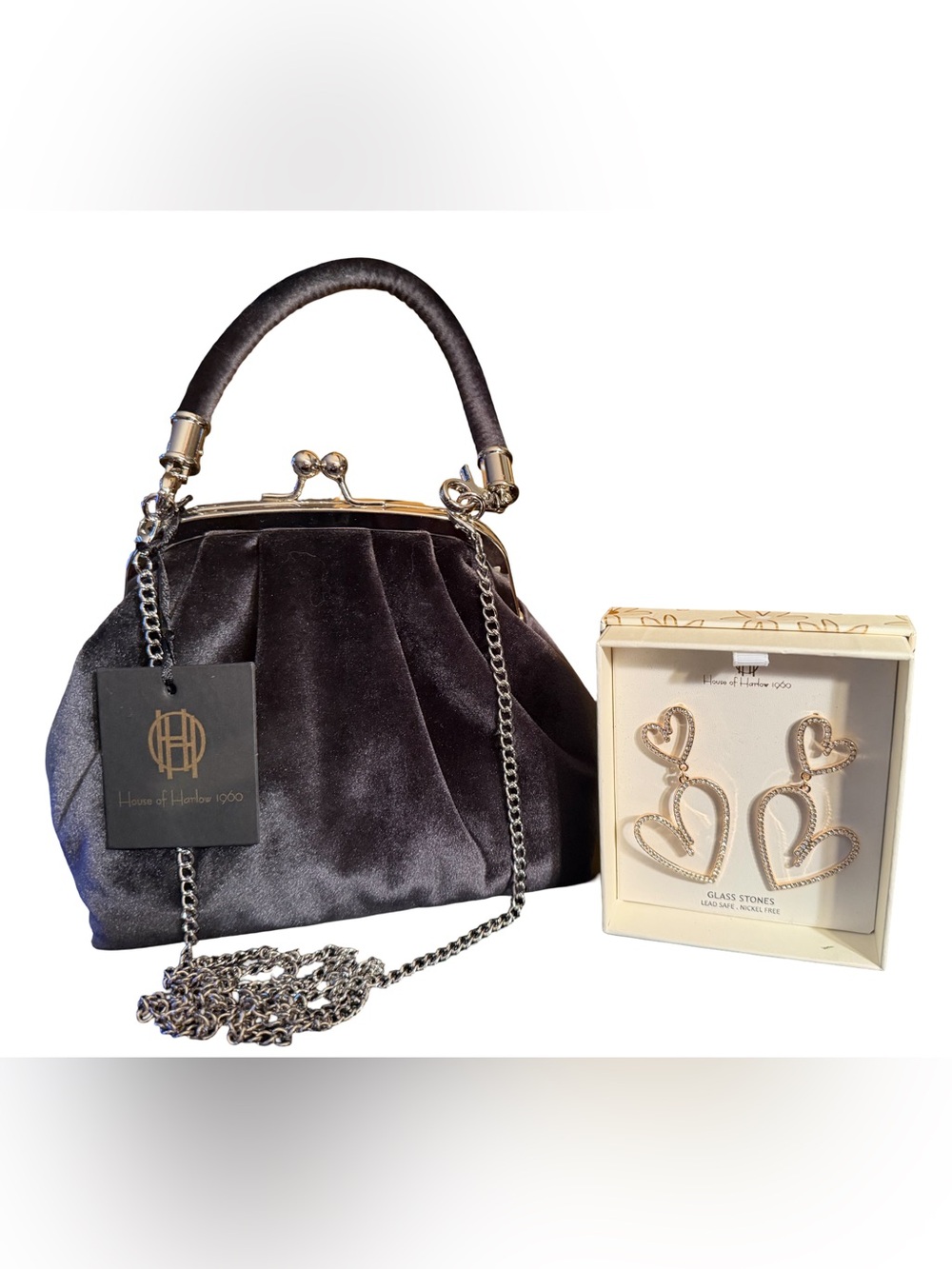 House of Harlow 1960 NWT Black Velvet Frame-Top Bag & Earring Set (P224) - Picture 4 of 13